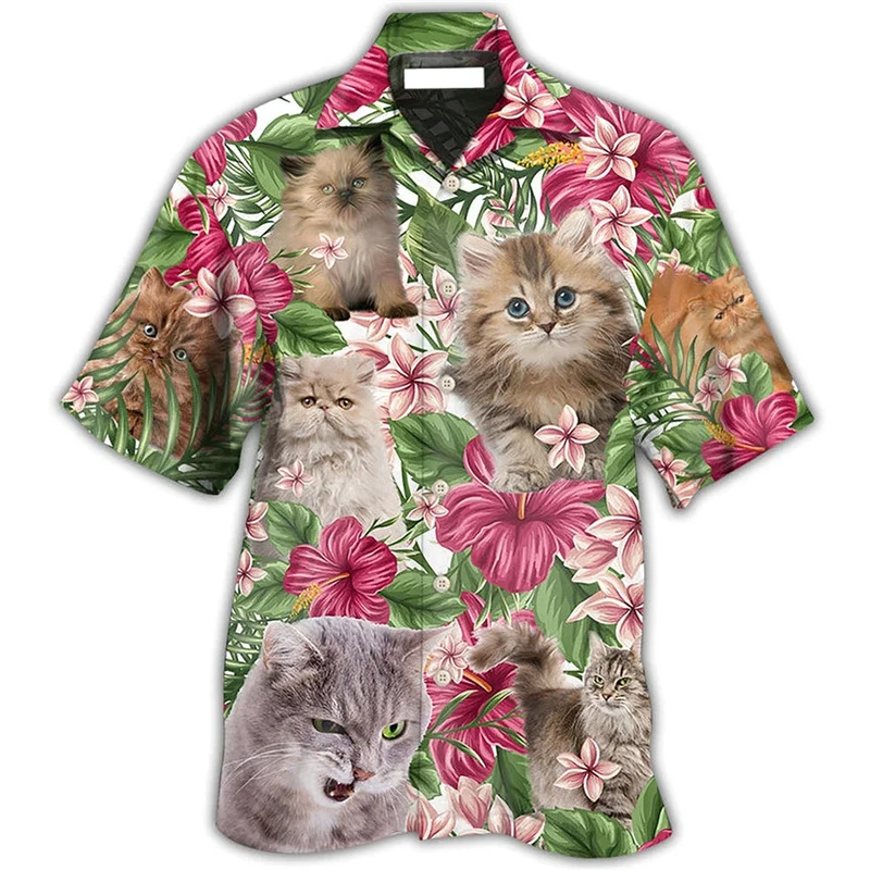 Cute Cat Graphic Hawaiian Shirt For Men 3D Printed Animal Shirts Summer Street Short Sleeves Tops Cool Lapel Button Blouse