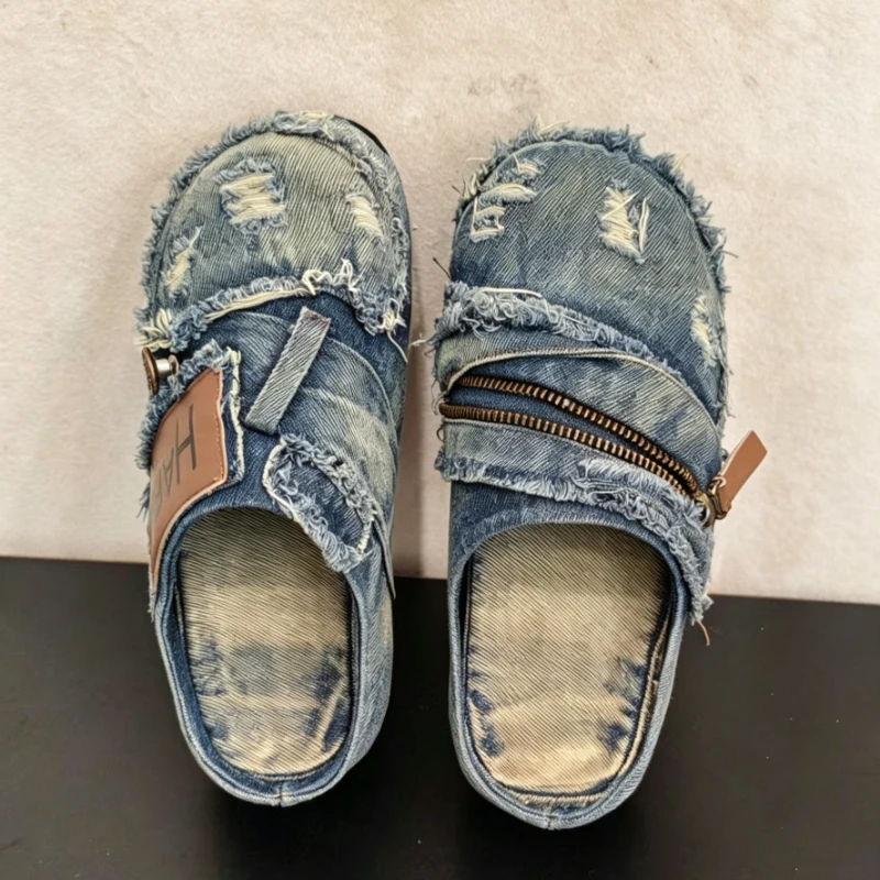 2026 Men Denim Mule Slippers Frayed Edge Platform Closed Toe Slides Summer Outdoor Slip On Sandals Zipper Non Slip Walking Shoes