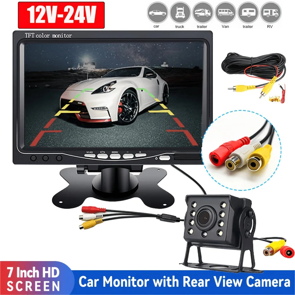 7-Inch Heavy Duty Monitor And 8 LED Reverse Camera Kit - Universal Fit for Truck, Pickup, Trailer, Van, Bus, RV
