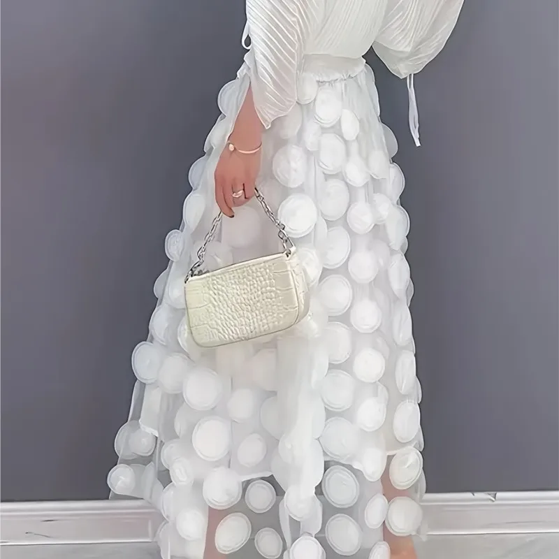 Summer Autumn Women's New Fashion Tulle Skirt Solid Color 3D Polka Dot Elastic Waist Mesh Flowy A-Line Mid Length Skirt Women