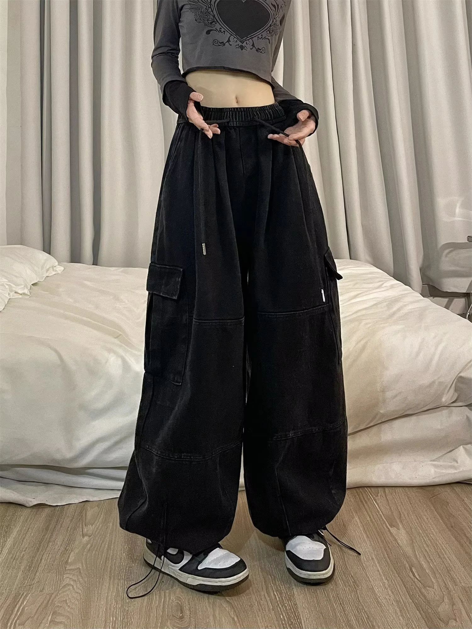 Cargo Pants Women Solid Color Japanese Loose Thin Straight Wide-leg High Waist Trousers High Street Basics Casual Pants Female