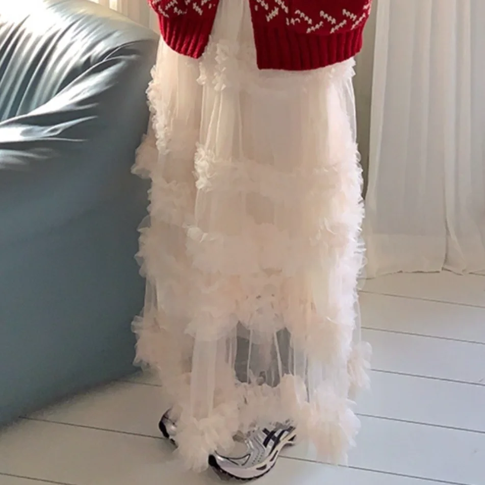 Coreano sle doce suave aosphere madeira ain emenda net saia versátil f corpo saia na moda cintura alta saia longa