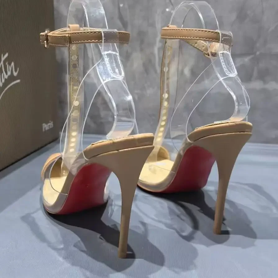 Rivet Studded Women Stiletto Heel Pumps Sandal Pointed Toe Ankle Strap Transparent PVC Red Sole Nude Sexy Luxury Fashion Shoes view 5