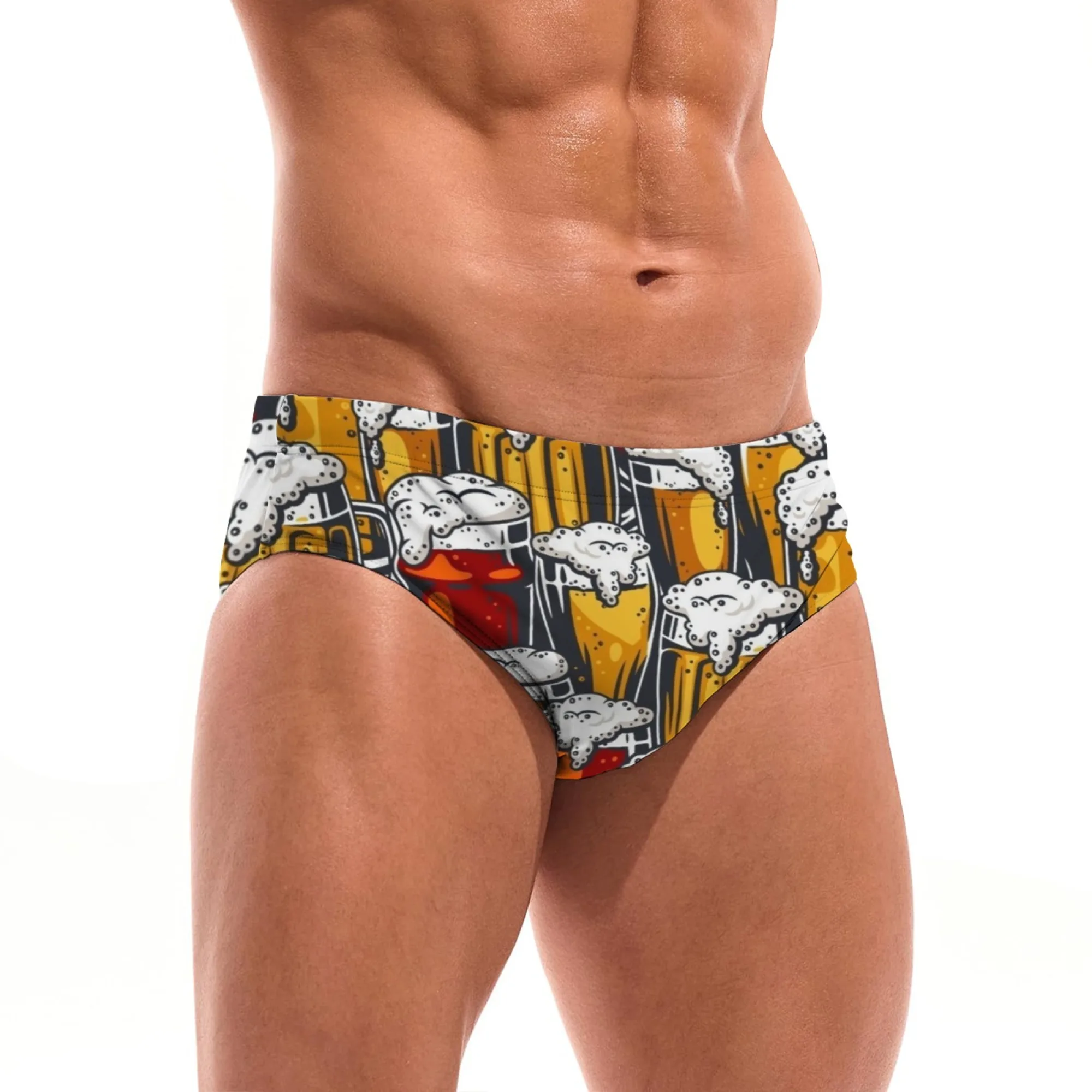 Men's Swim Trunks with All-over Beer Mug Print Design Funny Printed Briefs Comfortable Durable Skin-friendly Men's Beach Shorts