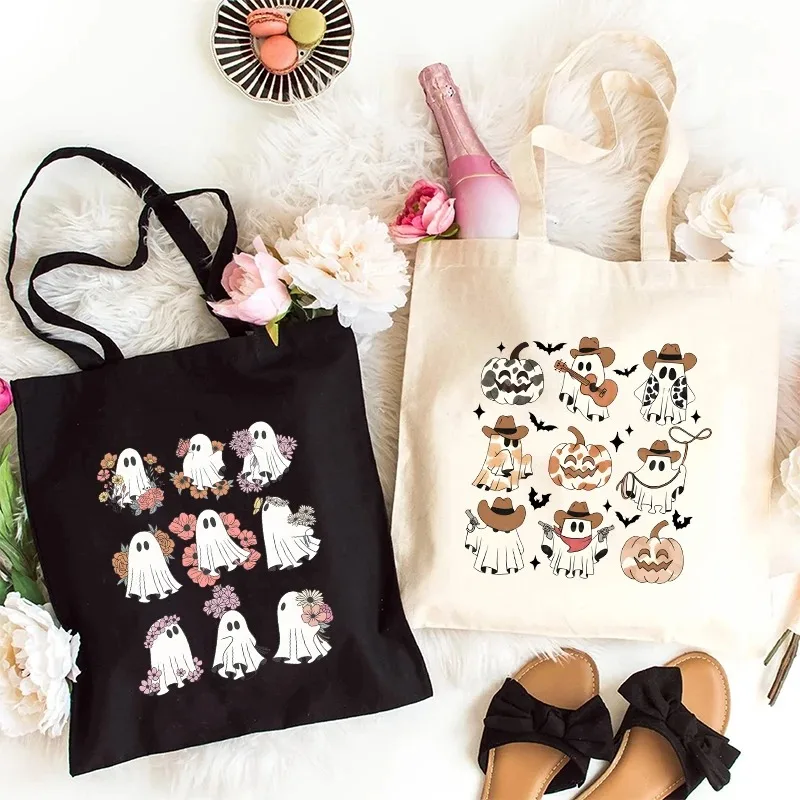 

Женская большая сумка на тему Хэллоуина, повседневная парусиновая портативная сумка на плечо, милая многоразовая сумка для покупок на Хэллоуин