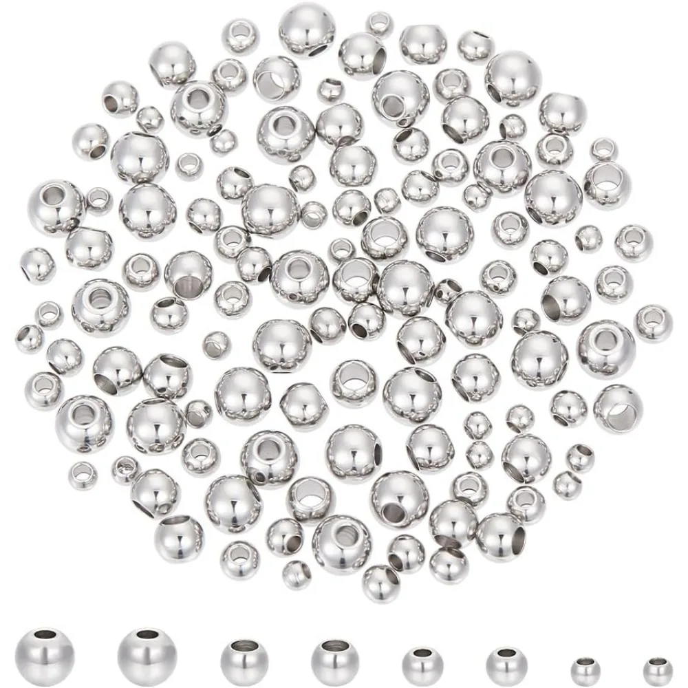 400pcs 4 Sizes 3mm/4mm/5mm/6mm Round Spacer Beads 304 Stainless Steel Loose Beads Small Hole Spacer Beads Stainless Steel Color