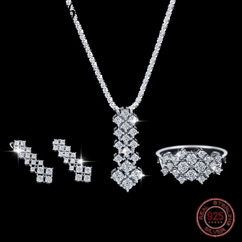 

NEW 925 Sterling Silver Moissanite Diamond Ring/Earring/Necklace Women's Fashionable Engagement Sparkling Jewelry Set