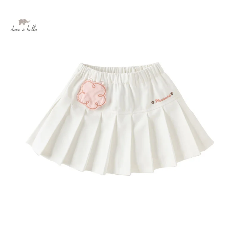 Dave Bella 2024 New Spring Children's Girl's Skirt Cute Sweet Flower Casual Fashion White Pleated Skirt Outdoor Party DB1248082