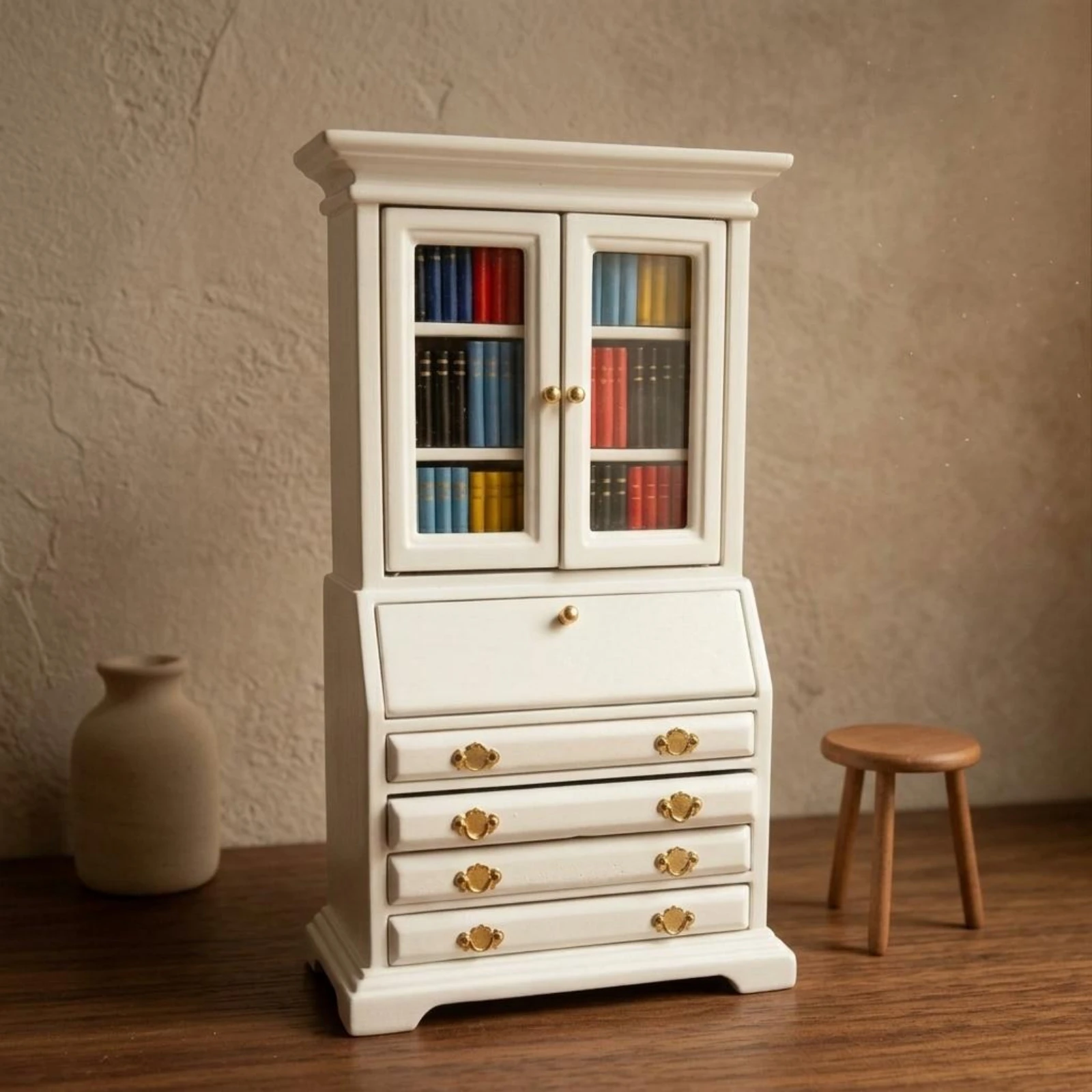 

Miniature Bookcase Cabinet Openable Doors and Drawers 1:12 Scale Cabinet Wooden Dollhouse Cupboard White Painted