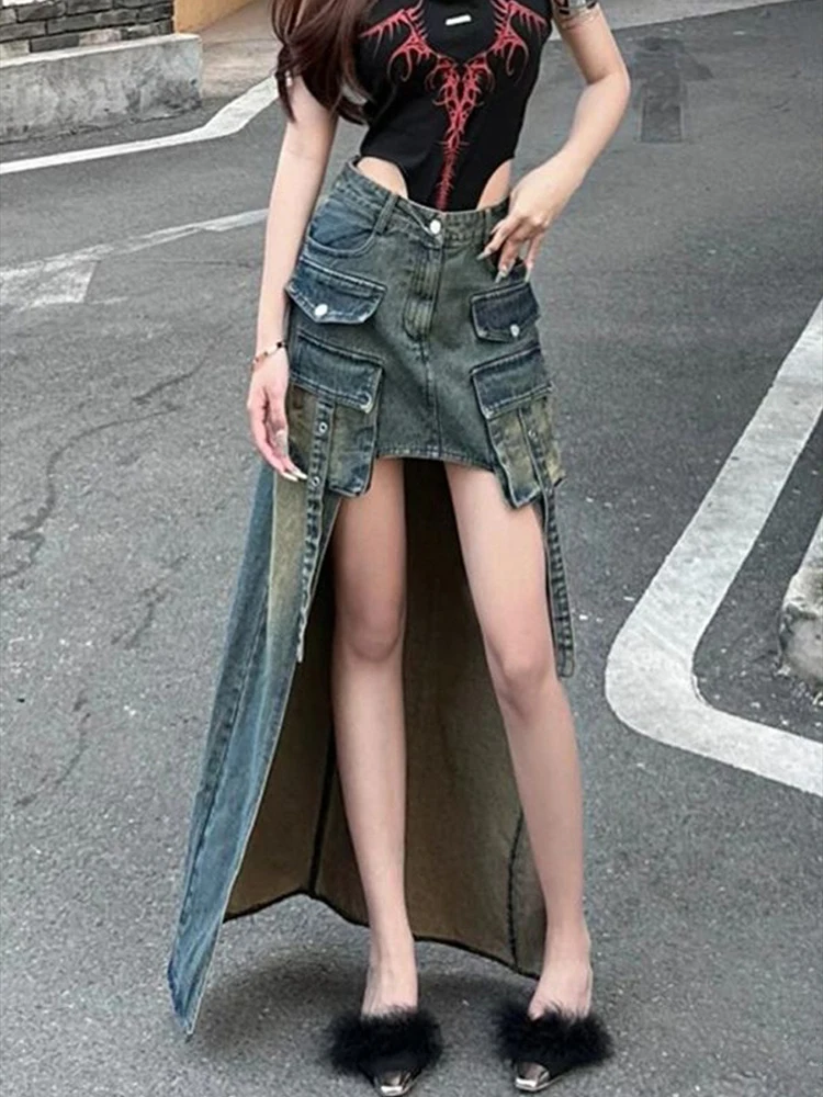 

2024 Summer New Vintage Distressed Workwear Pocket Spicy Girl High-waisted Boosting Side Slit Denim Skirt Half Dress For Women