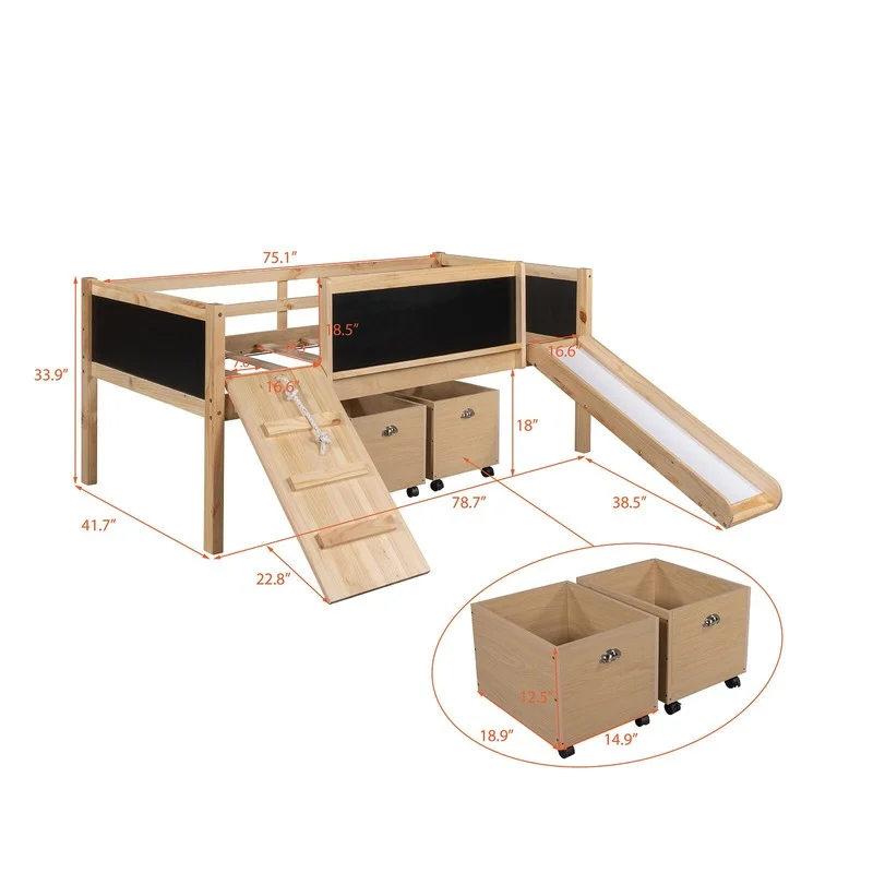 Twin Size Loft Wood Bed With Two Storage Boxes Marvelous  For Kids Climbing Frame Rope And Ladder Children Beds