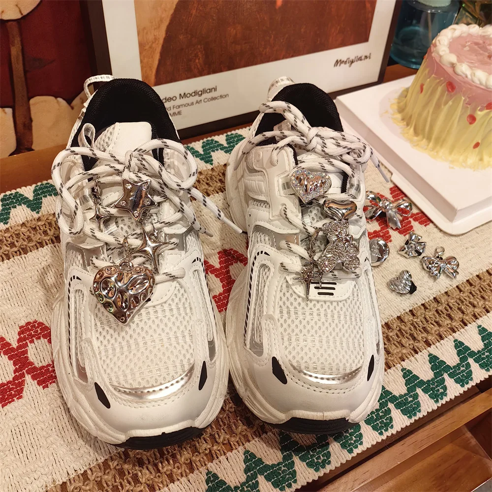 Shoe Charms Silver Heart Rhinestone Bear Bow Sneaker Buckle Decoration Acrylic Alloy Small Lightweight Women Girls Party Gift