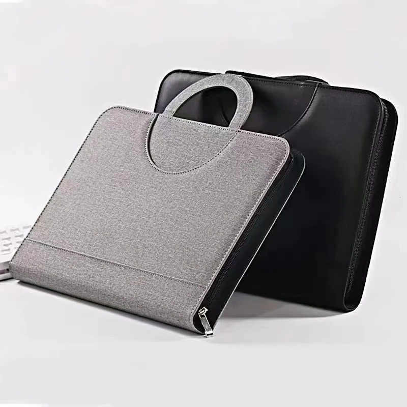 PU leather A4 zipper calculator binder conference file pad folder briefcase tablet portable circular handle file bag