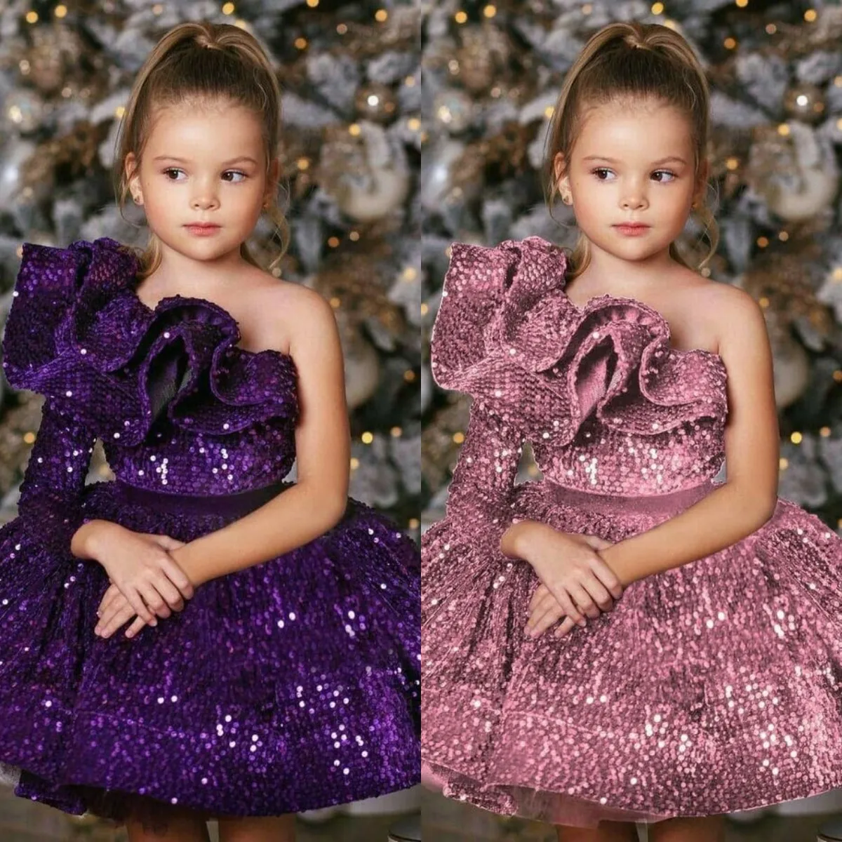 

One Shoulder Sequin Flower Girl's Dresses Ruffles Tutu Skirt Little Girl Pageant Gowns Knee Length Birthday Party Dress