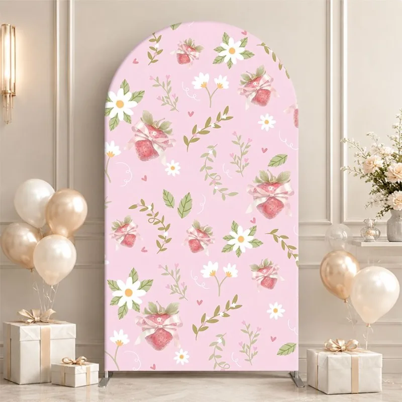 Single Side Arch Backdrop Cover Elegant Pink Floral Arch Backdrop for Weddings and Celebrations Featuring Strawberry Motifs