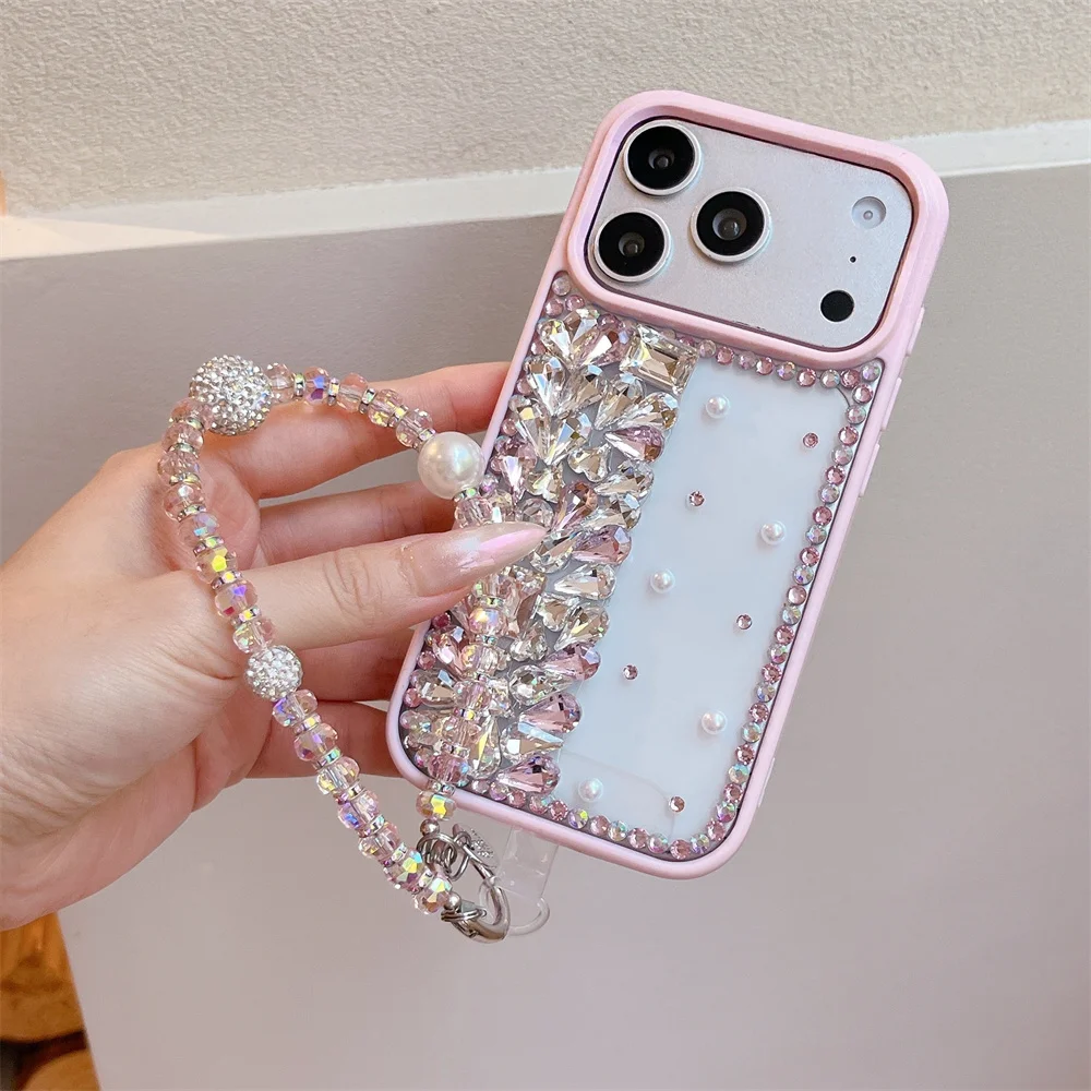 Trendy Sparkly Side Irregular Rhinestone Clear Case for 17 Pro Max Matte Frame Bead Wrist Strap Cover for iPhone 16 15 14