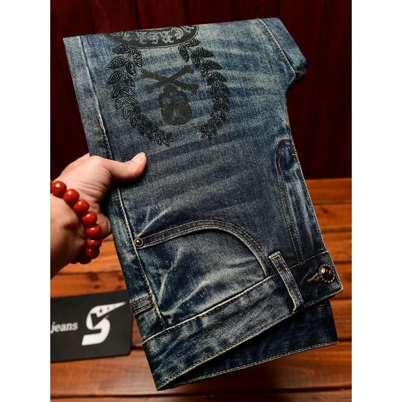 High end jeans men with ripped holes, street fashion prints,, small feet, elastic, retro and handsome pants