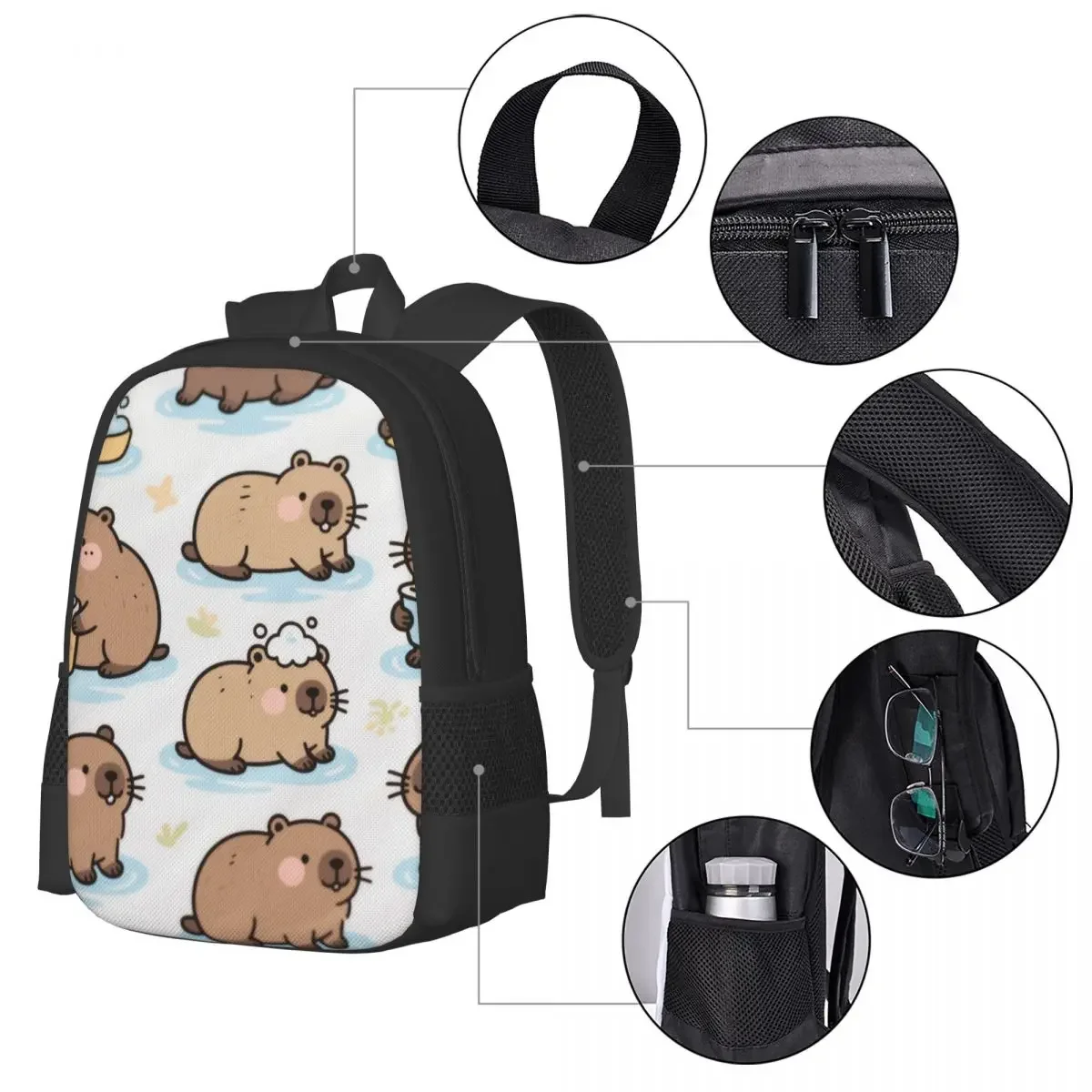 Interesting behavior of capybara boys and girls, children's backpacks, laptops, shoulder bags