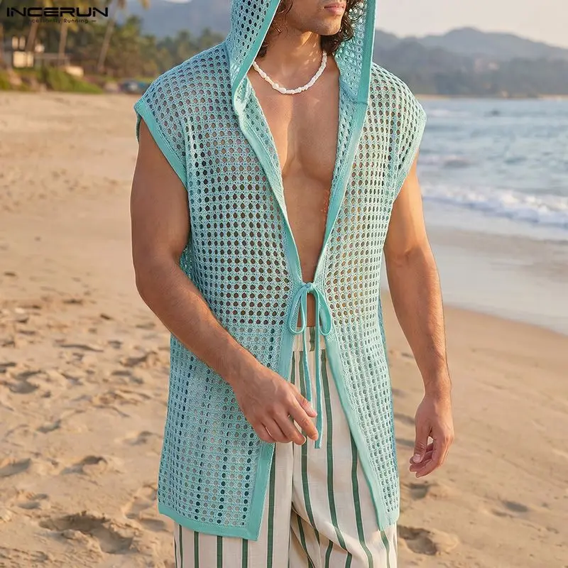 INCERUN Men's Tank Tops Hollow Out Solid Color See Through Lace Up Hooded Male Vests Summer Vacation 2026 Loose Men Clothes Tops
