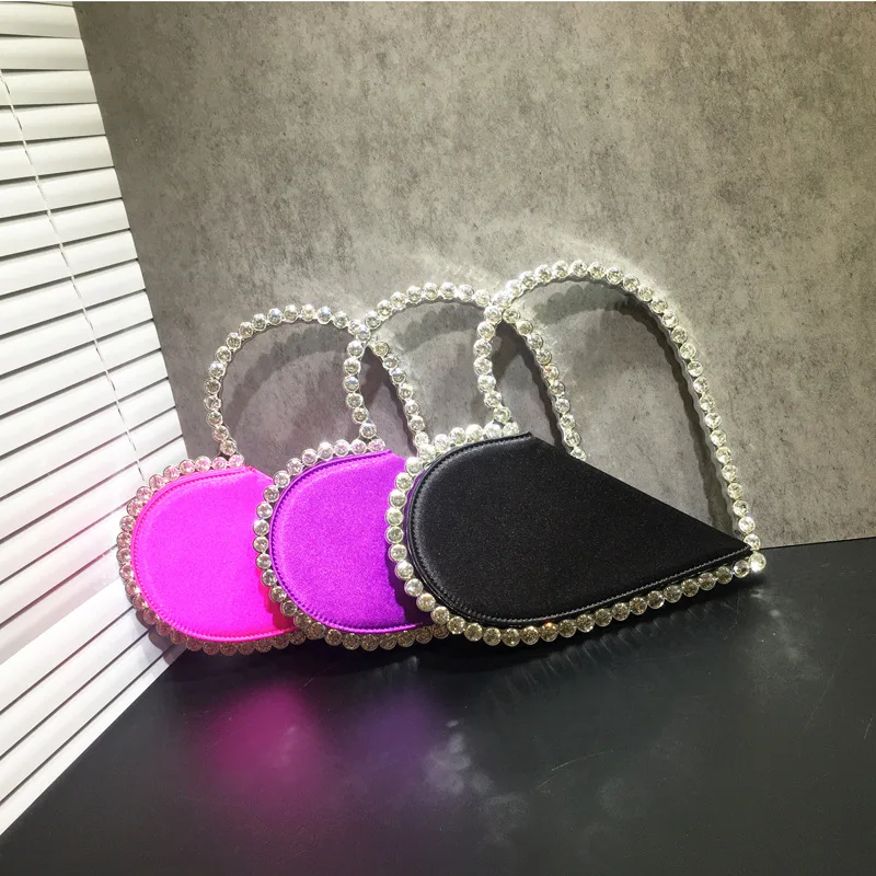 Female Diamond Heart Girl Handbag Spring Summer Personalized Dinner Evening Party Bag Women\'s Fashion Black Sliver Pink Bag