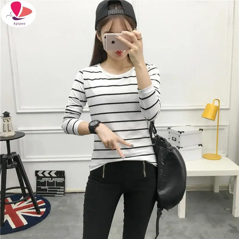 

Stripes Womens T-Shirt O Neck T Shirts Skinny Long Sleeve Clothes Women Slim Under Wear Tshirt Casual Top Tees For Female