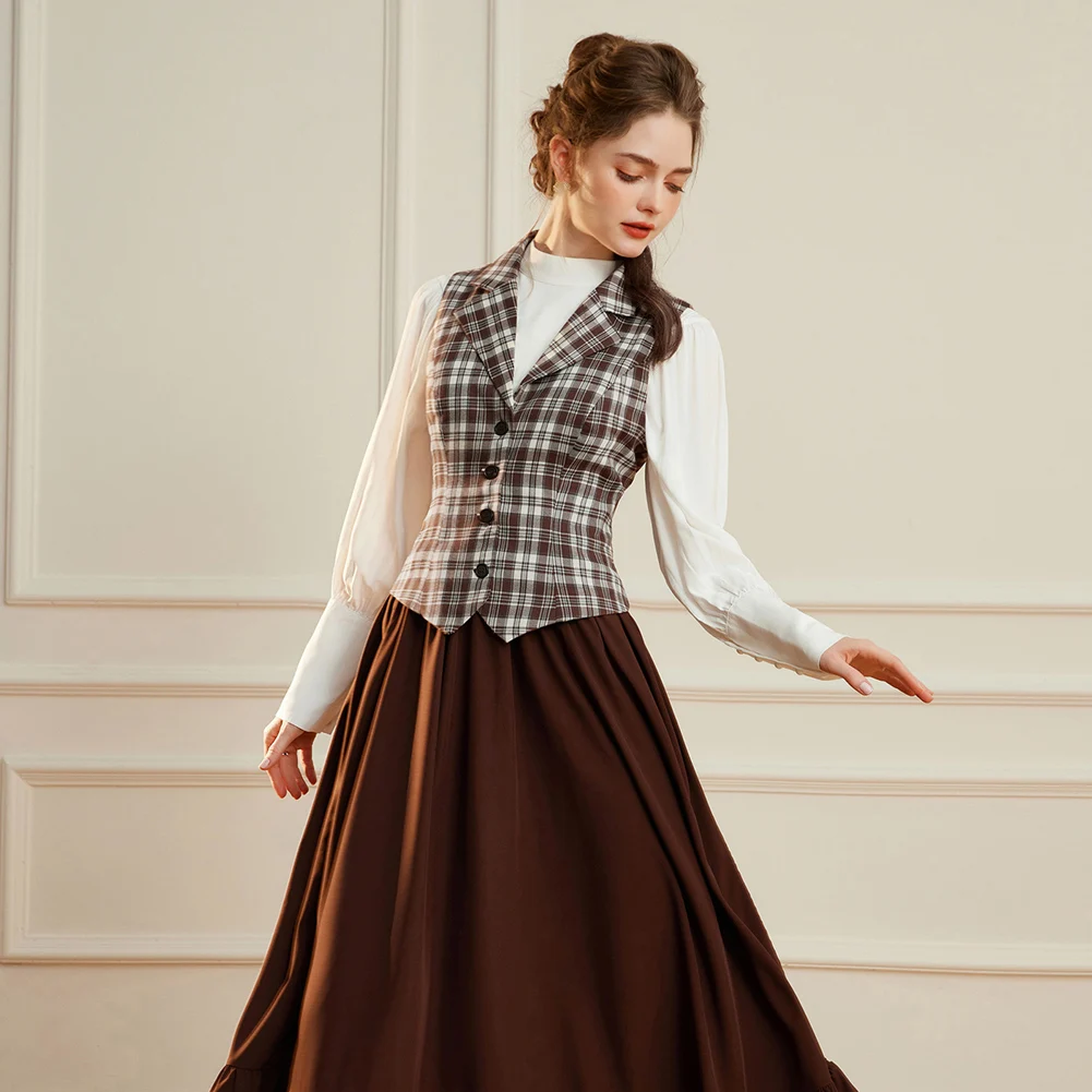 SD Women Jackets Vest Vintage Renaissance Plaided Vest Coat Sleeveless Lapel Handkerchief Hem Single Breasted short Coat