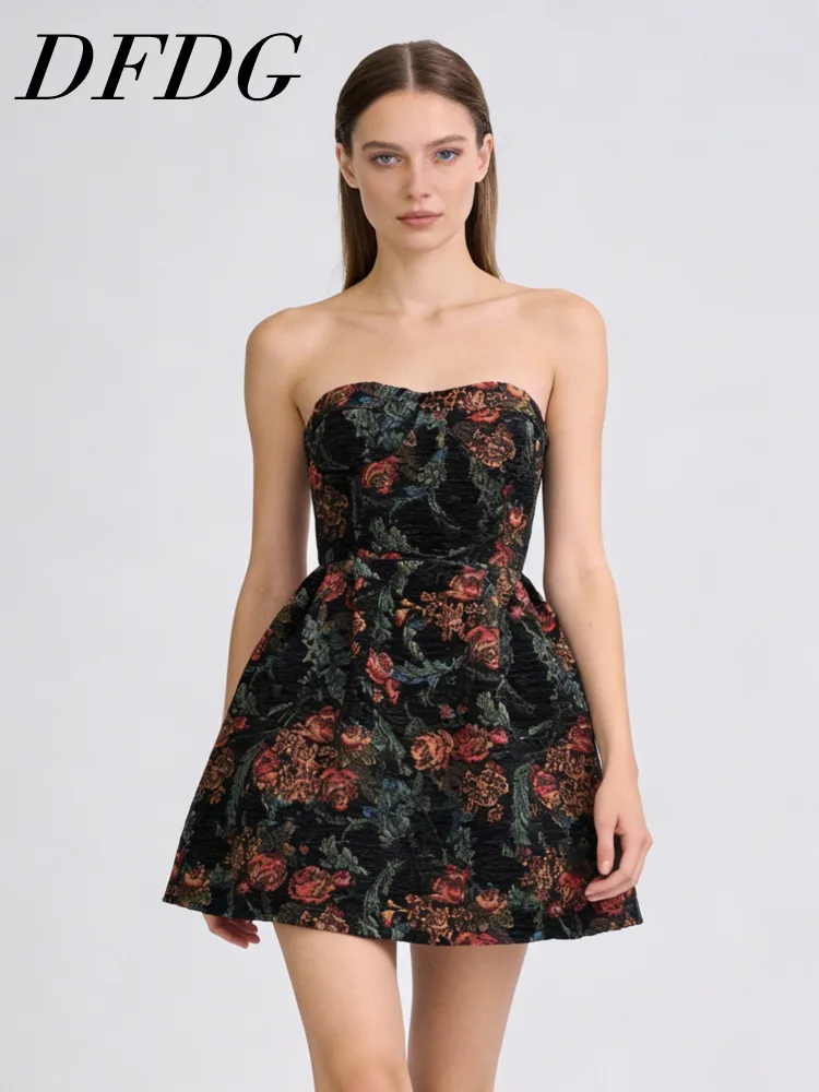 

DFDG Women's Spring Summer Strapless Floral Flared Mini Dress Chic Prom Party Wear 2026 Trendy Feminine Fashion Outfit Dress