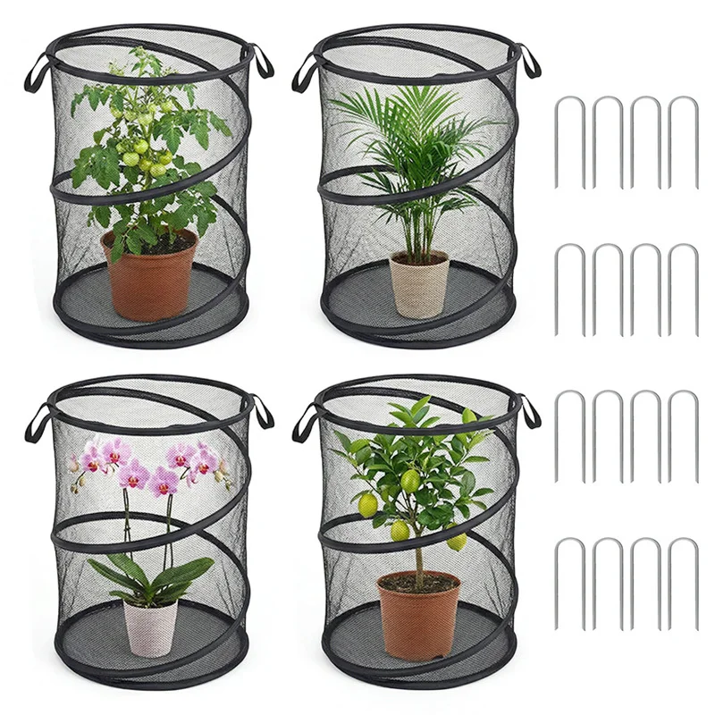 

4pcs Set Pop up Plant Protection Tent Foldable Plant Cover Net with Ground Stakes and Carry Bag Garden Plant Fence Protective Cage Suitable for Outdoor Plants Black