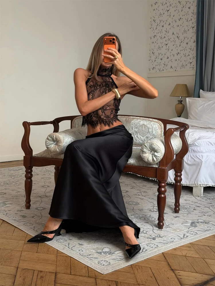Black Lace See Through Top Set Women's Sexy Off-shoulder Halter Tops Satin Long Skirt Sets 2026 Lady Banquet Club Outfits view 5