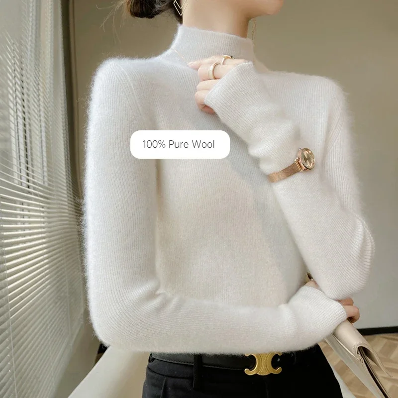 2024 Autumn and Winter 100% Austrilian Wool Aweater Solid Color Thickened Half High Neck Bottoming Sweater Tops for Ladies