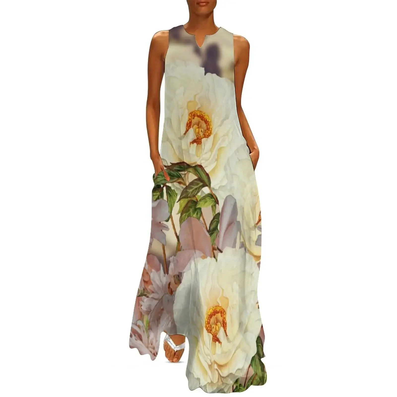

White Peony Flower Purple Vase Long Dress cute dress Dress for girls chic and elegant evening Women long