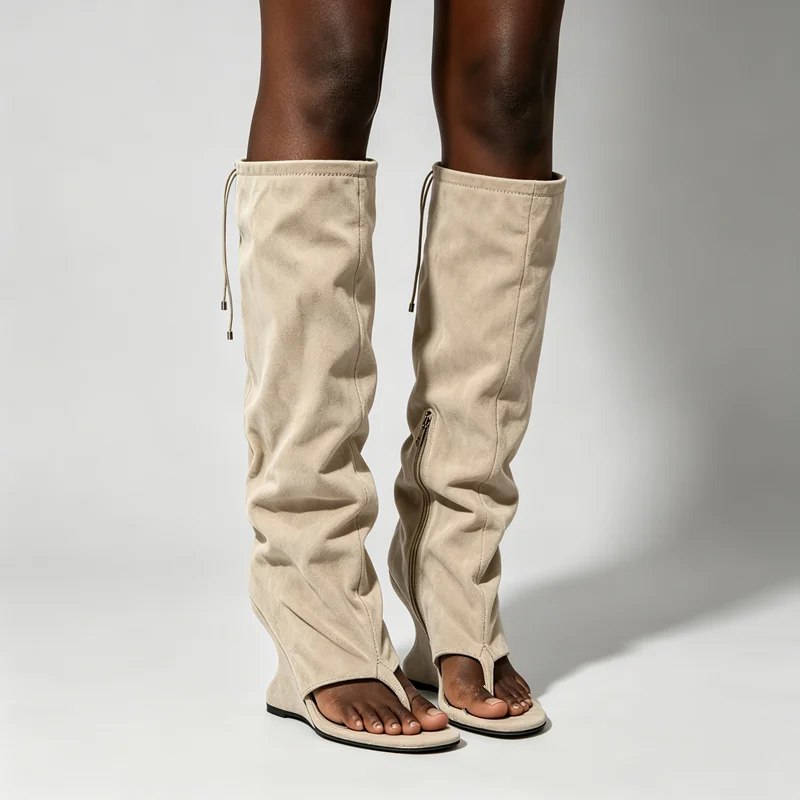 Women Spring and Summer Knee High Sandal Boots Hollow Curved Wedge Heel Toe Drawstring Closure Side Zipper Tall Heel Boots