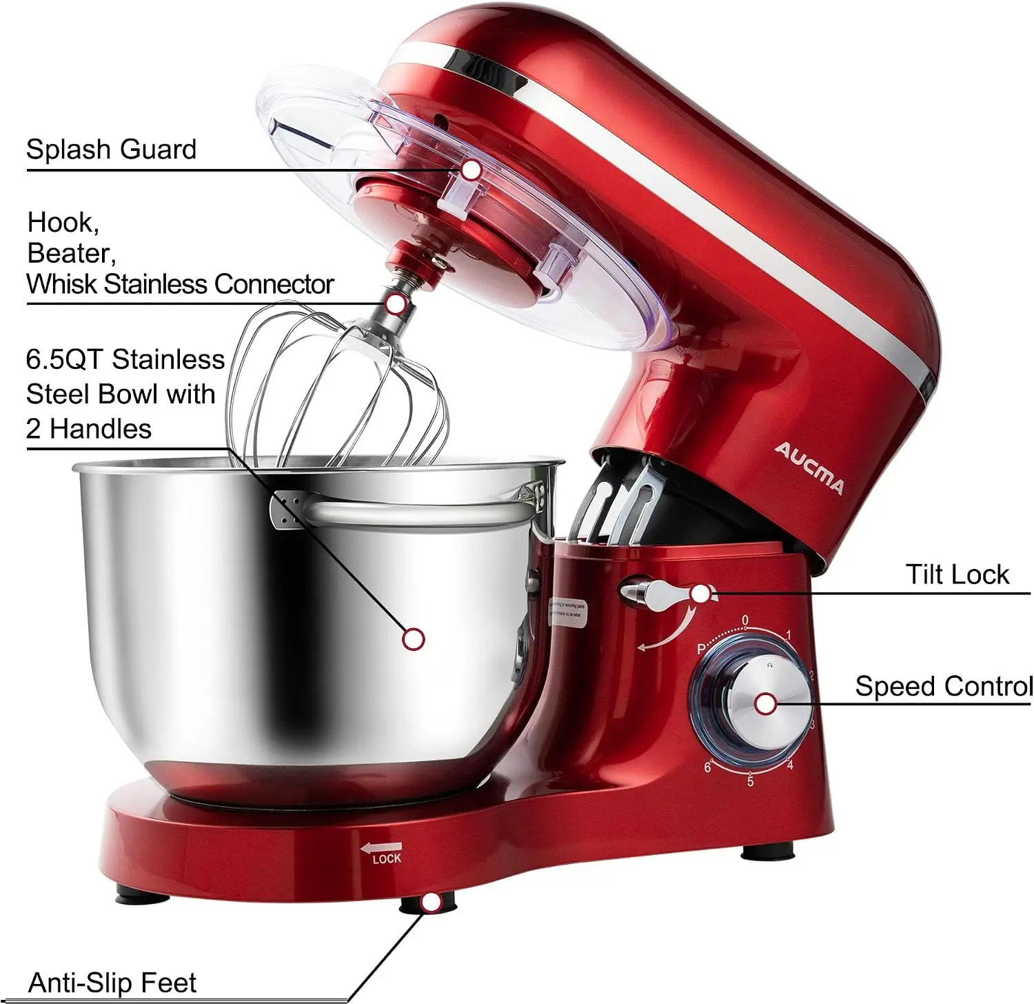 Red 65QT Stand Mixer 660W 6Speed TiltHead Electric Kitchen Food Mixer Dough Hook Wire Whip Beater