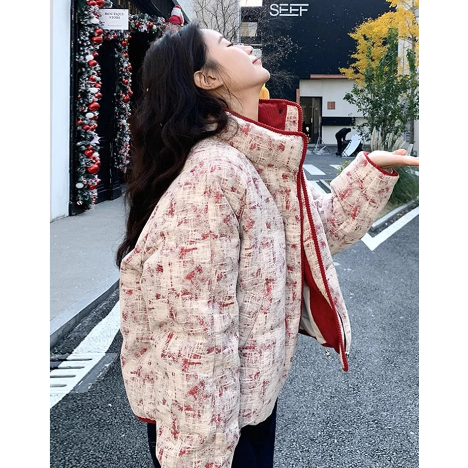 

Printed Stand Collar ort Cotton Jaet Women's 2025 Winter New College Sle Sweet Anti Aging Bread Coat Outerwear