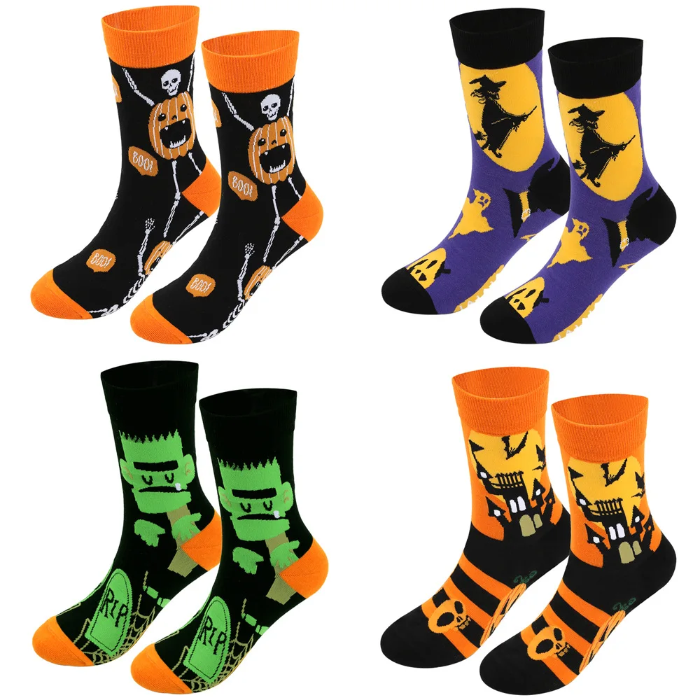 Halloween Men\'s Socks Large Size Cotton Funny Autumn Winter Festive Gift Socks for Male Cartoon Witch Pumpkin Tube Socks