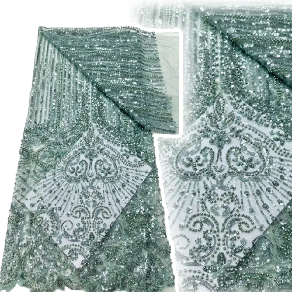 

Fashion Green African Lace Fabric Sequins Tulle Beads Embroidery Lace for Wedding Bridal Fabrics High Quality Laces Dresses 1235