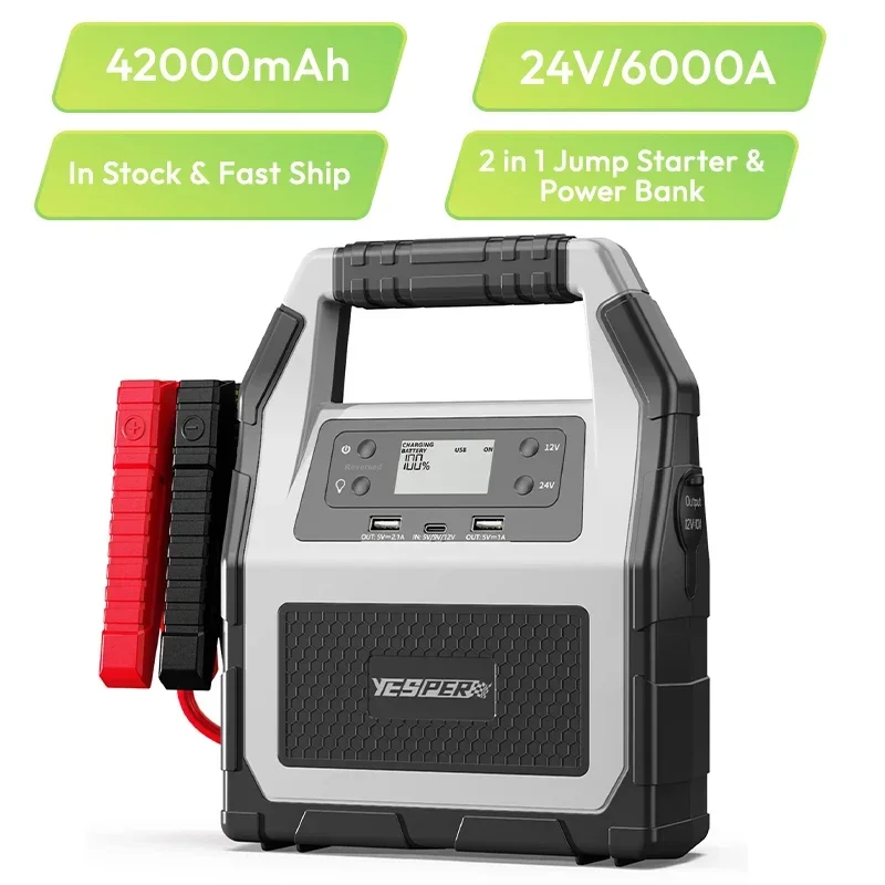 YESPER 45000 mah 12V/24V heavy dut truck starter battery pack peak 1500a with intelligent jumper cable