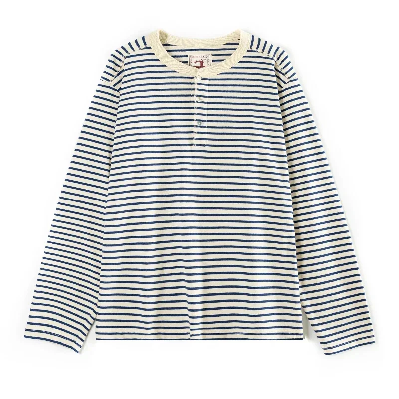 

Classic American Retro Blue and White Sea Soul T-shirt Heavy duty All Cotton Striped Men Henry Collar Casual Long Sleeve