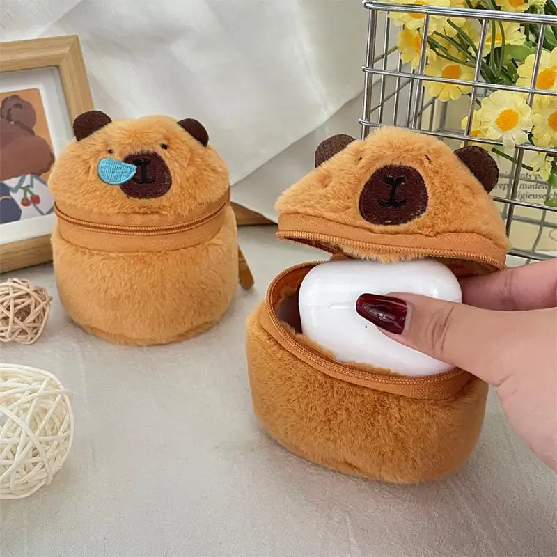 Cute Plush Capybara Zipper Coin Purse Cylindrical Wallet Earphones Lipstick Storage Bag Creative Plush Doll Pendant Girls