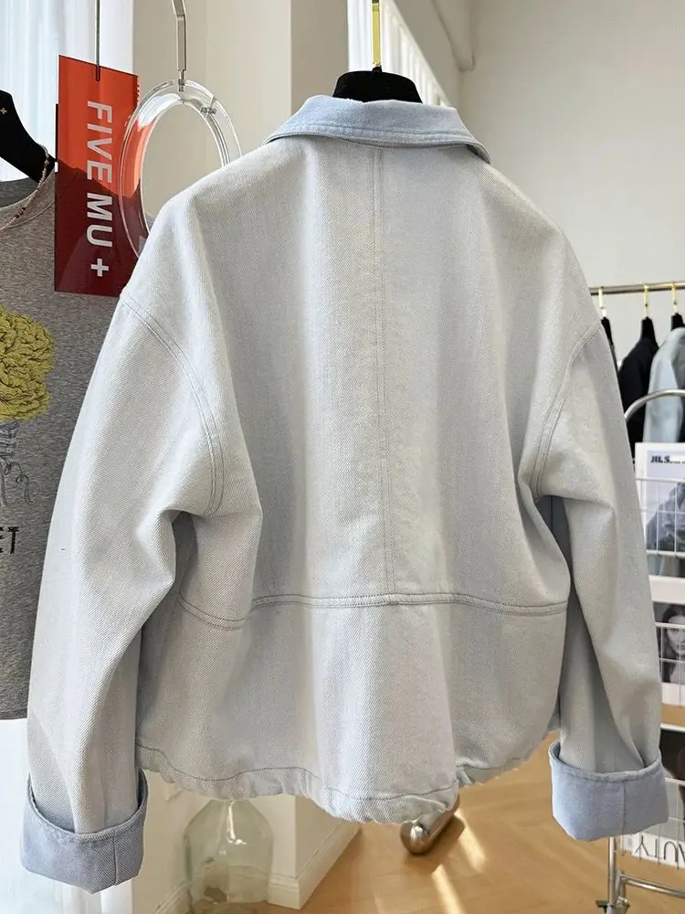 Advanced sense super good-looking Korean casual denim jacket women's spring travel unique beautiful lapel jacket top