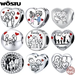 WOSTU 925 Sterling Silver Family Charm Plated Platinum Red Love Heart Beads Fit Original Bracelet Pendant Mother DIY Jewelry