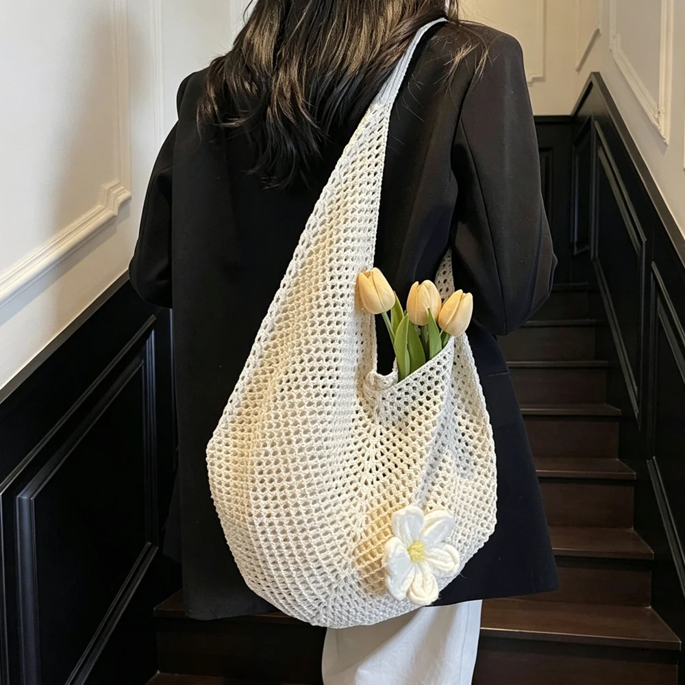 

Women's Hollow Out Woven Shoulder Bag Large Capacity Mesh Beach Bag Flower Crochet Shoulder Bag Shopping Travel Commuting Bag