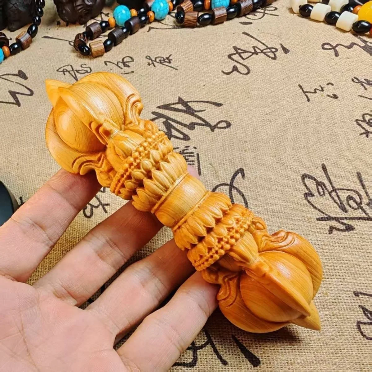 Vajra Scepter Palm Stone Worry Bead Desk Decor Meaningful Wooden Sculpture