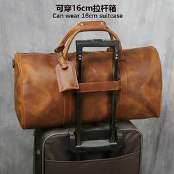 Retro Genuine Leather Travel Bag for Men, Crazy Horse Leather Handbag, Top Layer Cowhide Crossbody Bag, Wearable Trolley Luggage