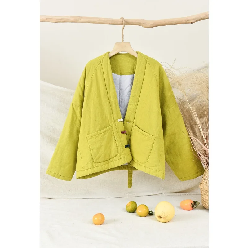 Female Autumn Winter Tops Coat Cotton-padded Clothes Lingge Frog Warm Retro Simple Comfortable Leisure Fashion Versatile Thin