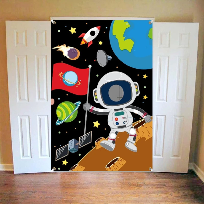 Photography Backdrop Astronaut Face Game Door Pretend Play Game Universe Space Background Home Party Backdrop Wall Banner Decor