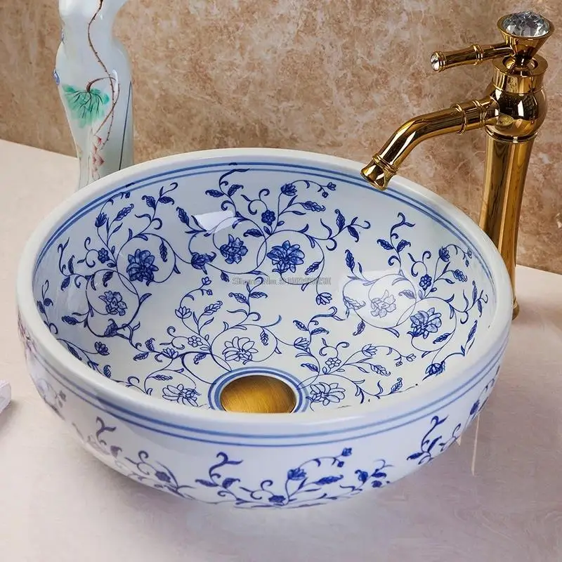 Imagem -02 - Lavatório Cerâmico Azul e Branco Pintado à Mão do Banheiro Classical Round Above Counter Basin