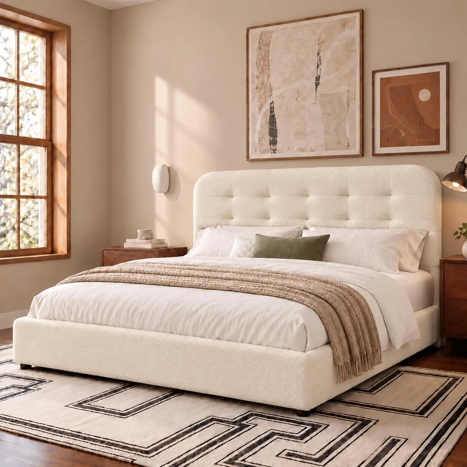 Full Size Boucle Upholstered Platform Bed Frame with Wooden Slats Support No Box Spring Needed, Customized