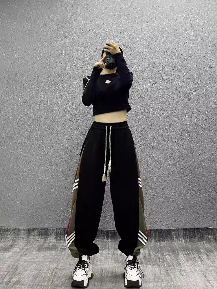 

Striped versatile sports casual Harem pants for women's spring new high waisted loose and slim straight leg hoodie