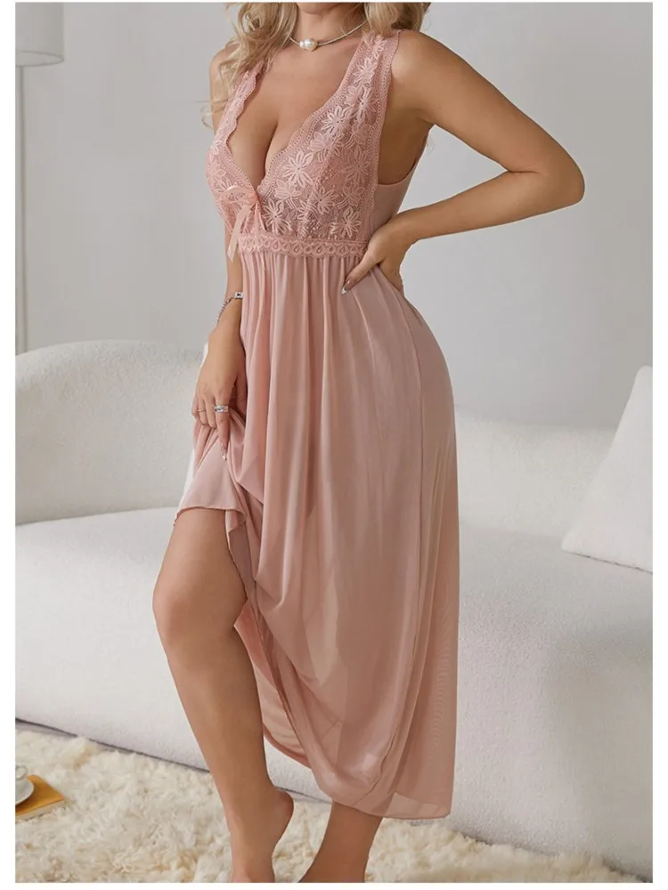 Sexy Pajamas Long Nightgown Home Wear Fashion Lace Dress For Women Deep V Sleepwear Chiffon Nightdress Wedding Night Clothes